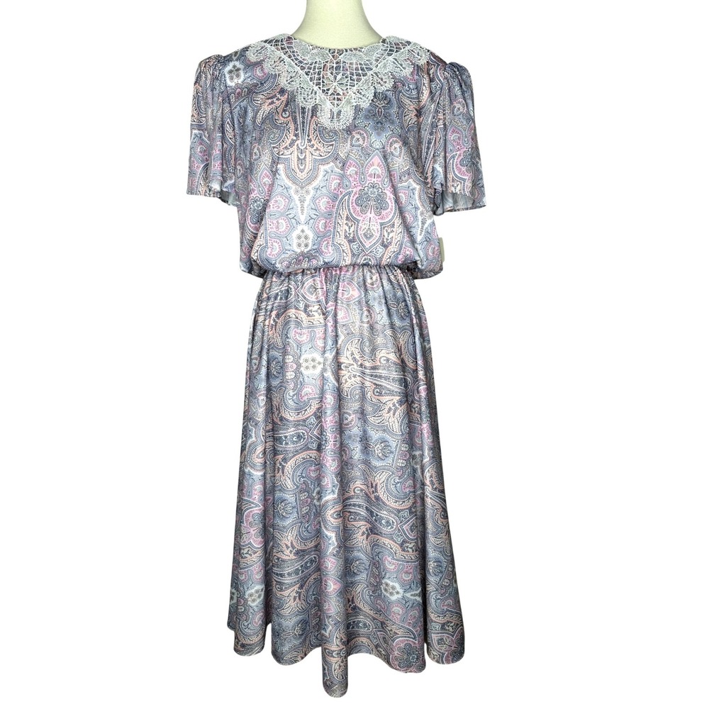 Vintage MCS Ltd Paisley Lace Collar Midi Dress Blue Pink Size 16 Made in USA NWT